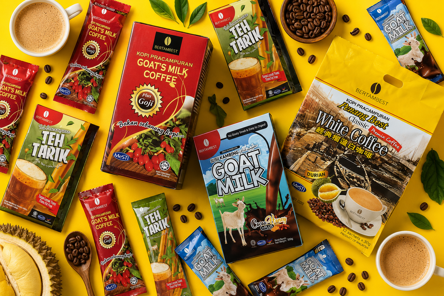 The full range of BERTAMBEST Penang Best premix beverages
